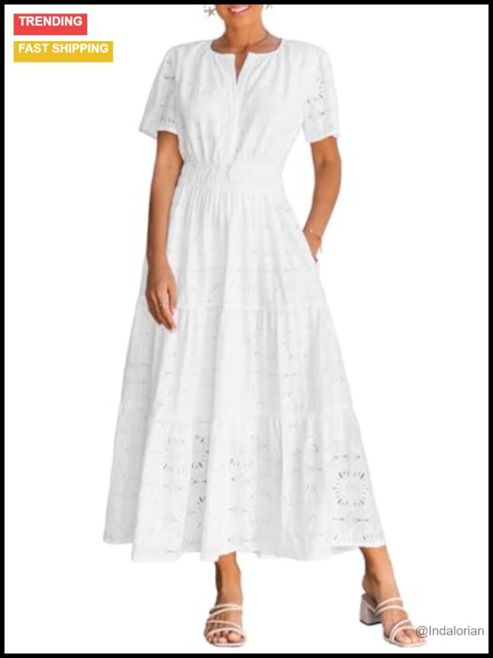 Eyelet Lace Maxi Dress Short Sleeve V Neck Flowy A-Line Boho Wedding Guest